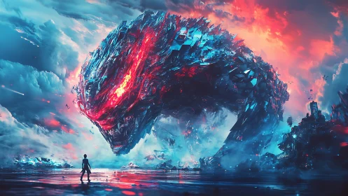 Colossal crystalline creature arches above lone human figure
