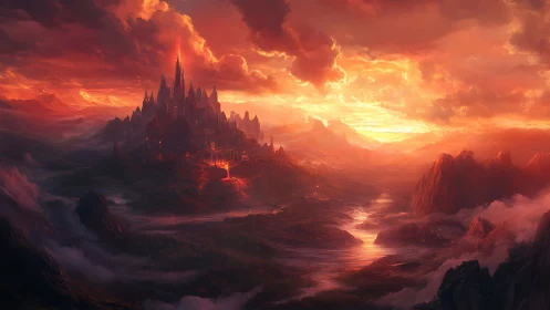 Fiery fantasy citadel dominates vast molten valley landscape.