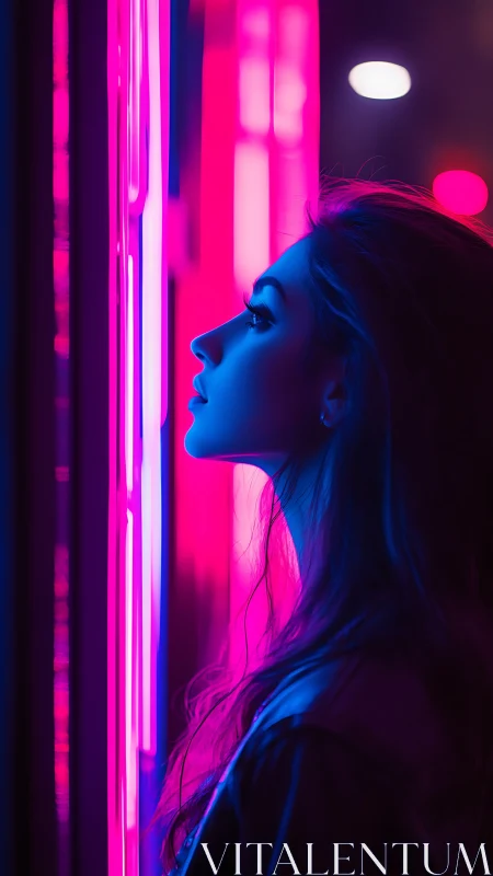 Neon edge portrait in vertical cyan-magenta split lighting.