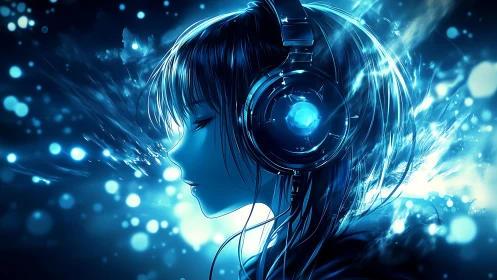 Neon blue anime profile with oversized luminous headphones