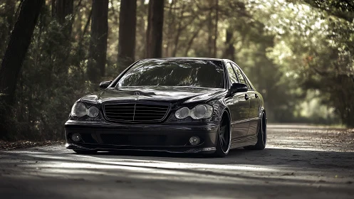 Low-slung black sedan integrates glossy reflections in forested light