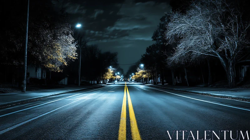 Empty midnight city street glows under cold blue streetlights