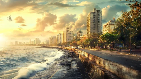 Coastal boulevard skyline in atmospheric sunset illumination.