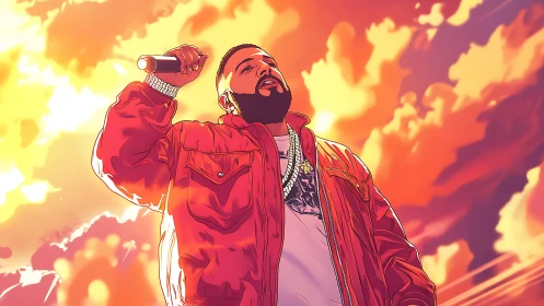 Bold hip hop performer in red jacket against vivid sky.