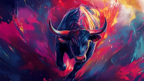 Digitally rendered bull advances through abstract color field
