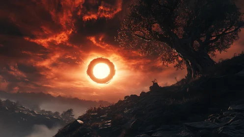 Ringed solar anomaly ignites a dramatic twilight hillside sky