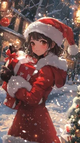 Festive anime girl in red coat amid luminous snowfall scene.