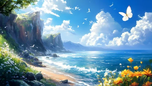 High-saturation coastal landscape with dynamic lighting and aerial fauna