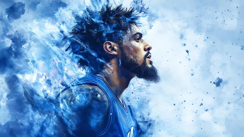 Electric blue portrait of a focused basketball dreamer.