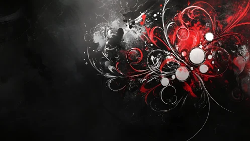 Abstract floral explosion in red, white, and black digital art.