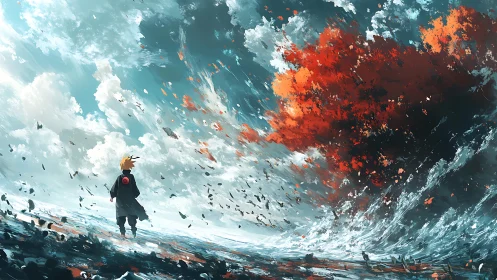 Storm-lit wanderer walks toward a burning crimson horizon