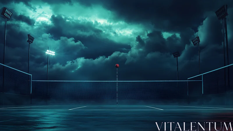 Cinematic night tennis court with moody storm-lit atmosphere.