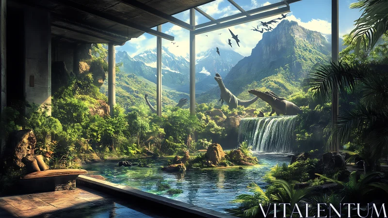 Sunlit dinosaur sanctuary unfolds beyond ruined glass atrium