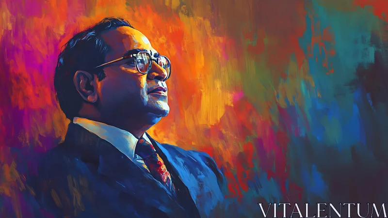 Formal male portrait against vivid abstract color field.