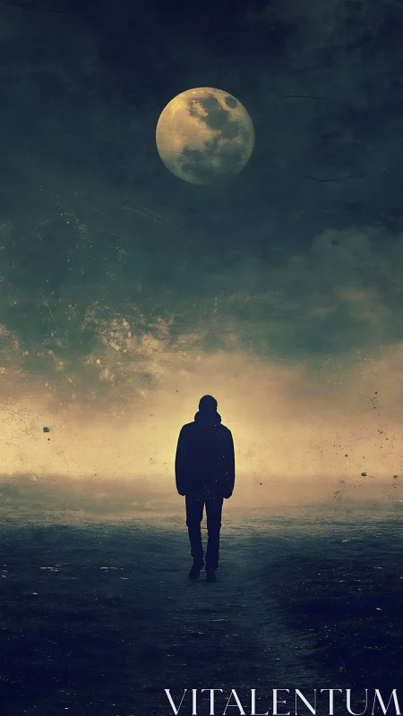 Lone wanderer beneath a brooding moonlit storm sky.