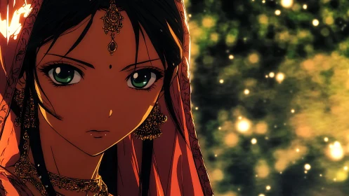 Regal anime portrait under jeweled veil with bokeh lights.