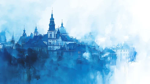 Monochrome architectural skyline in atmospheric blue diffusion.