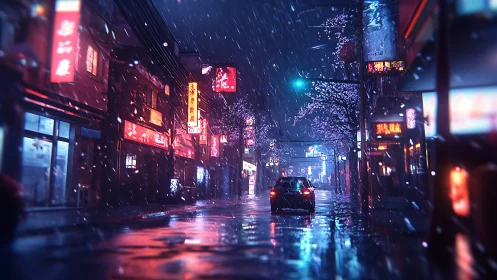 Neon-lit rainy alleyway renders reflective wet asphalt and depth-of-field