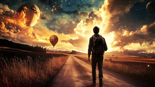 Lone traveler walks toward surreal glowing sky with airships