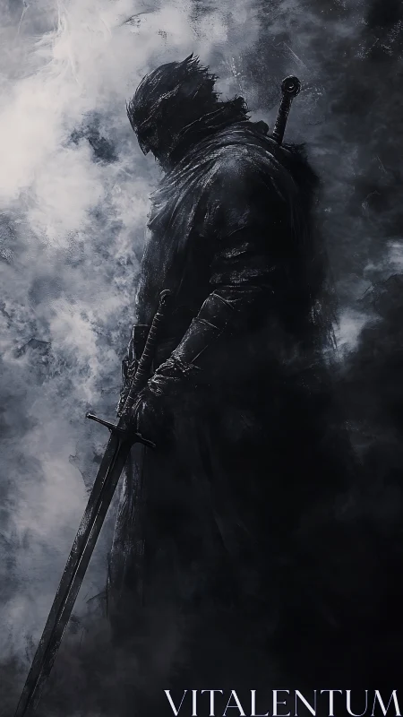 Armored knight silhouette emerges from volumetric smoke field