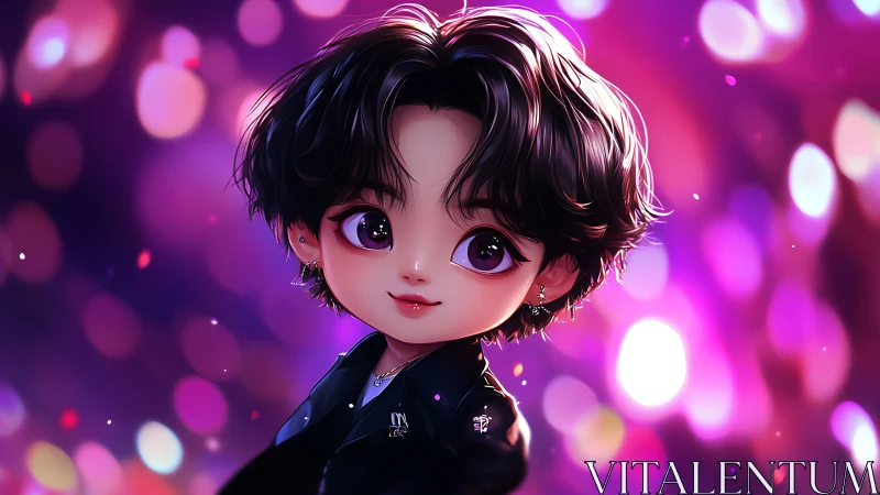 Chibi pop idol portrait with neon bokeh lights background.