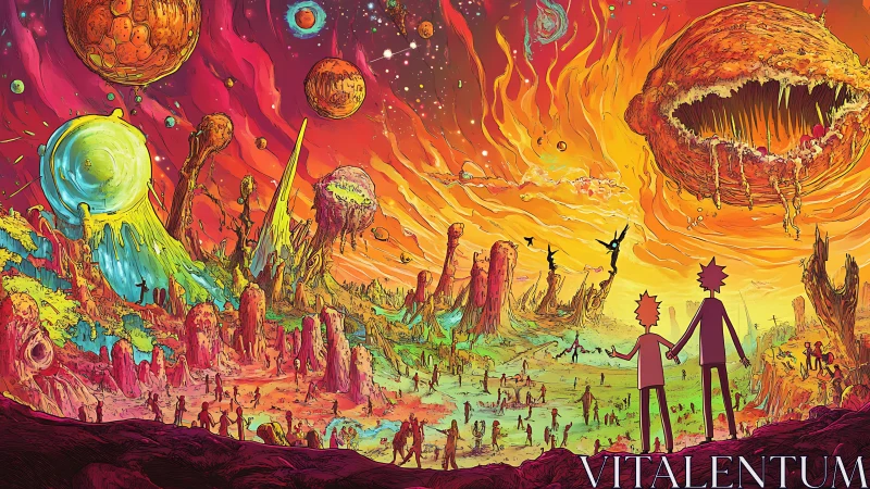 Colorful alien wasteland with two silhouetted travelers.