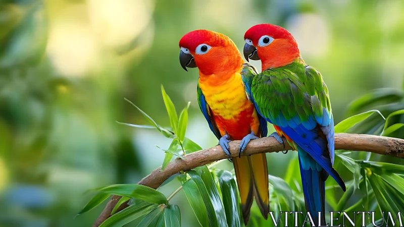 Vibrant parrots perched on branch in lush tropical setting, realistic.