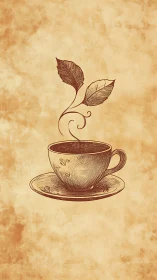 Vintage ink illustration of teacup with botanical steam motif.