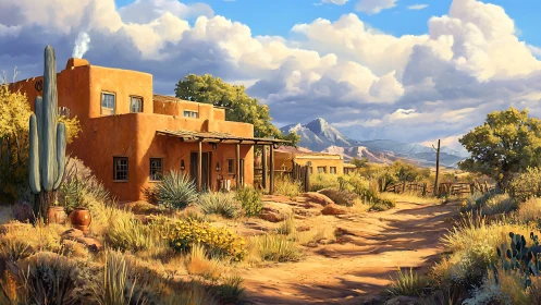 Sunlit adobe homestead anchors a panoramic desert mountain vista