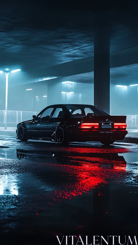 Dark sedan parked in wet multi level garage at night