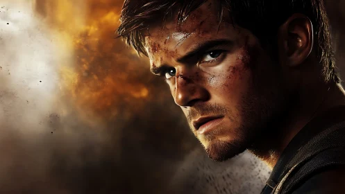 Battle-scarred operative in high-contrast cinematic close-up.