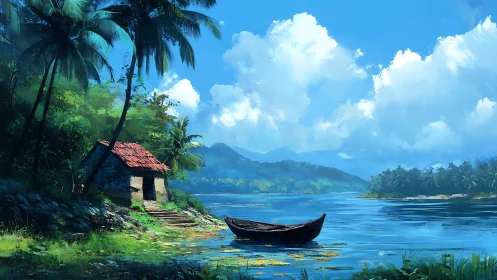 Tropical River Refuge: Boat by Coastal Dwelling.