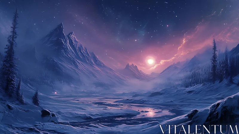 Snowy mountain valley shows luminous sky and frozen river