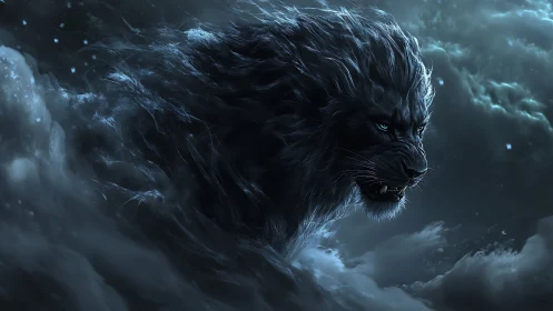 Stormlit lion spirit roaming through moonlit clouds.