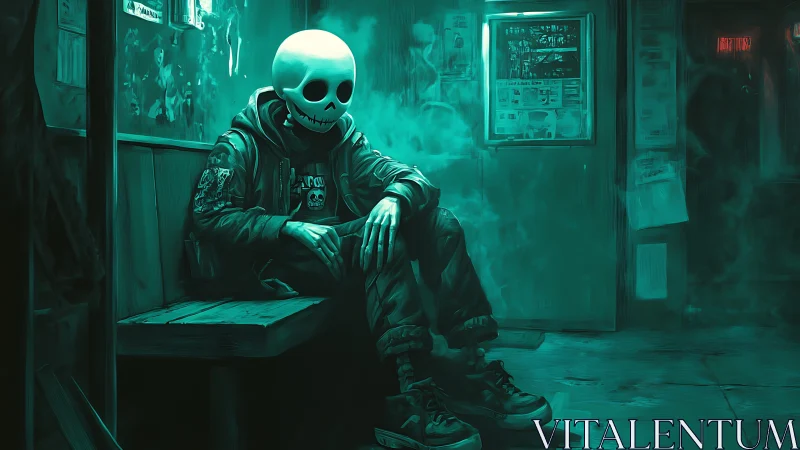 Hooded figure with skull helmet sits in teal-lit urban interior