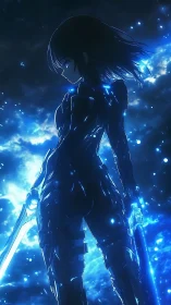 Starlit cyber warrior pausing in a storm of glowing blue light.