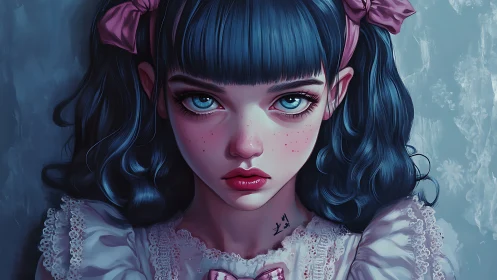Hyperreal portrait of blue-haired girl with lace dress and bows