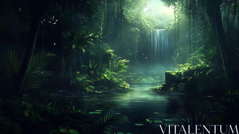 Luminescent Waterfall Through Dense Jungle Canopy.