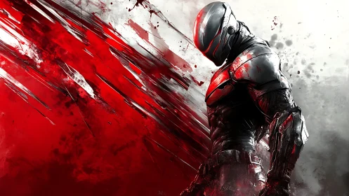 Armored cybernetic soldier stands amid dynamic red slashes