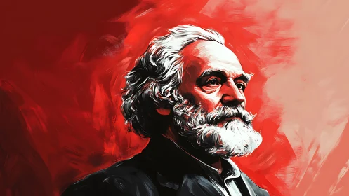 Bold white-bearded thinker against swirling red sky.