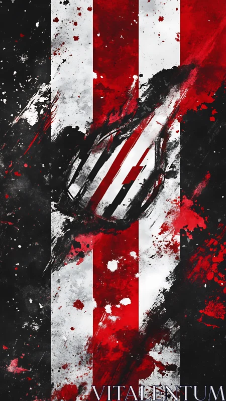 Grunge football emblem slices through red and white stripes