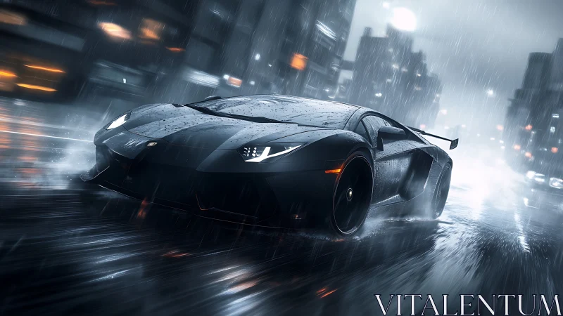 Supercar races through rainy neon city street at night