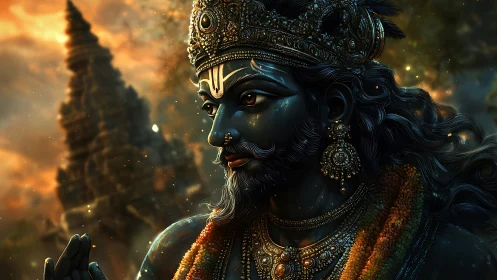 Regal blue-skinned deity in ornate jewelry at sunset.