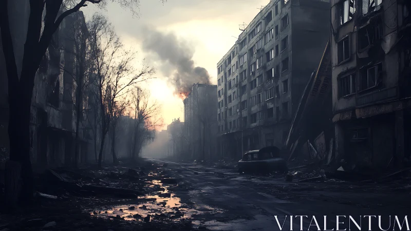 Smoke-kissed ruins cradle a lonely car in dusk silence.