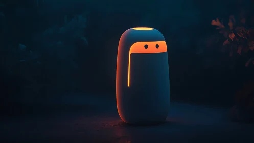 Minimalist glowing robot totem emits soft orange neon light