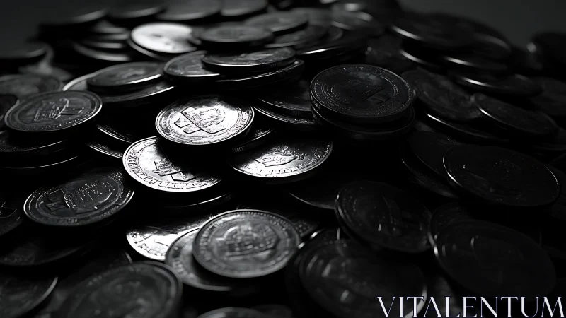 Dark metal coins form overlapping stacks under low light