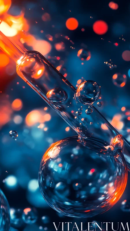 Glowing lab pipette and liquid spheres float in vivid bokeh light