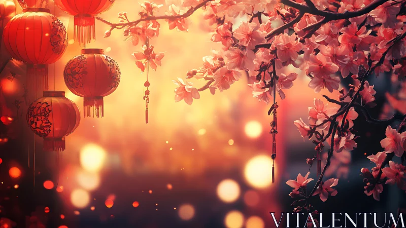 Lantern-lit cherry blossoms drift through molten evening glow.