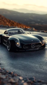 Black coupe concept car is positioned on a wet mountain road
