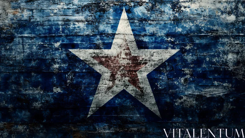 Weathered blue star emblem over distressed wood grain